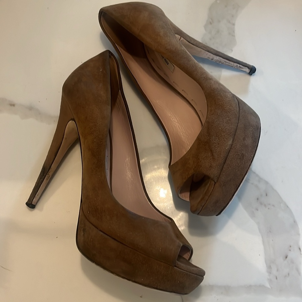 Miu Miu Peep Toe Suede platform stilettos
